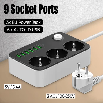 100-250 В 5 В 3.4A 6 USB-Зарядных Устройств 9 В 1 3 Адаптера Питания Переменного Тока Розетки USB Power Strip EU Plug Универсальная Розетка Порты Расширения