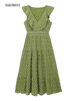 2023 Женское праздничное платье Миди с эластичным поясом и оборками без рукавов, летнее зеленое платье в белую клетку с вышивкой, с отверстиями