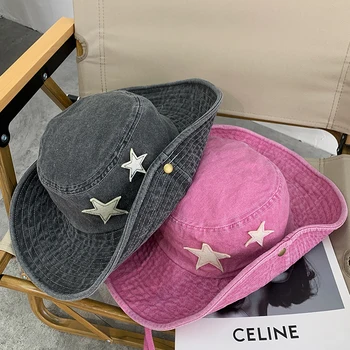 2023 Розовая Ковбойская Панама с Завязками Y2K Star Denim, Пляжные Солнцезащитные Шляпы для Женщин, Уличные Пешие Прогулки, Панама, Летние Рыбацкие Шапки