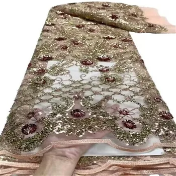 5 ярдов Африканской Розовой кружевной ткани с блестками 2022 Высококачественная вышивка Нигерийская Французская сетчатая кружевная ткань для пошива вечерних платьев