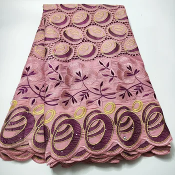 5 ярдов Розовой популярной кружевной ткани из швейцарской вуали в Дубайском стиле с вышивкой камнями, Африканской хлопчатобумажной ткани для Нигерийской вечеринки KHX37A