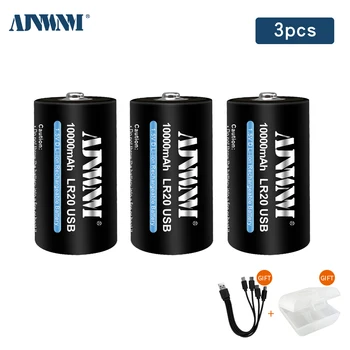 AJNWNM 1,5 В 10000 мАч Перезаряжаемая батарея Type-C Батарея D Lipo LR20 Литий-ионный аккумулятор Быстрая Зарядка через USB-кабель Type-C