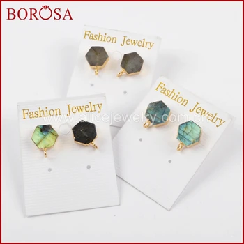 BOROSA 5 пар золотых шестигранных лабрадоритовых заклепок, очаровательные серьги-гвоздики, серьги с драгоценными камнями, изготовление ювелирных изделий для женщин и девочек G1488