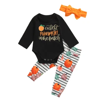 Citgeett, Осенняя повседневная одежда для новорожденных мальчиков и девочек, комбинезон с длинными рукавами и буквенным принтом тыквы + Комплект брюк в полоску
