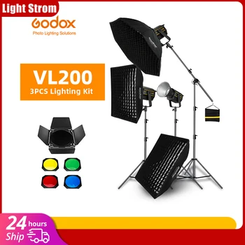 Godox 3шт VL200 200 Вт 5600K Белая Версия LED Видео Непрерывный Свет + 70x100 см Сетчатый Софтбокс + 2,8 м Световая Подставка Студийный Свет