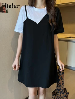 Jielur Корейское модное хлопчатобумажное платье Женское Черно Белое платье в стиле пэчворк Женское летнее креативное платье из двух частей для женщин