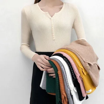 JMPRS Шикарный женский пуловер, осенний свитер с длинным рукавом и пуговицами, сексуальный вязаный джемпер с V-образным вырезом, тонкий Корейский женский базовый топ 