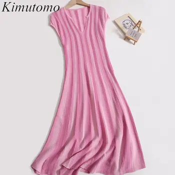 Kimutomo Элегантное платье-футляр в полоску контрастного цвета, женское вязаное платье, нежный V-образный вырез, Короткие рукава, плиссированные длинные платья трапециевидной формы, Ins