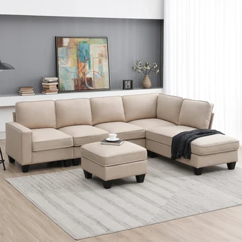 L-образный секционный диван, 7-местный диван из льняной ткани с шезлонгом и раскладной оттоманкой