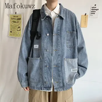 Mafokuwz, джинсовая куртка с водной стиркой, мужская свободная джинсовая куртка в Гонконгском стиле, Универсальная Корейская уличная одежда, джинсовое пальто