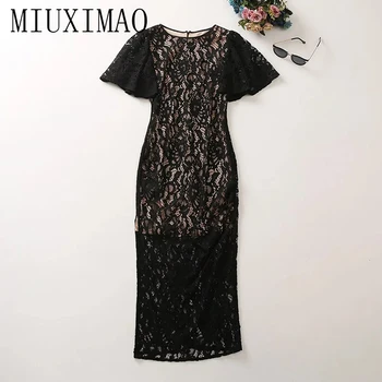 MIUXIMAO 2023 Высококачественное весенне-летнее элегантное платье с коротким рукавом и круглым вырезом, кружевное однотонное модное длинное платье для женщин, Vestide