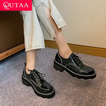 QUTAA 2022 Повседневная Женская Обувь на платформе со шнуровкой, Модные квадратные Туфли на среднем каблуке из натуральной кожи, Универсальные Женские туфли-лодочки Большого Размера 34-39
