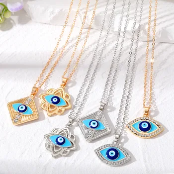 S3562 Ожерелье с геометрическим цветочным кулоном от сглаза для женщин, украшенное стразами и эмалью, Турецкие колье с голубыми глазами