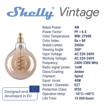 Shelly Vintage G125 2700K Smart Bulb Control RGB Умная Лампочка с Регулируемой Яркостью E27 WiFi LED Magic Lamp AC 220 ~ 240V Работает с