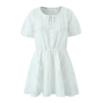 YENKYE Женское Модное Белое мини-платье с коротким рукавом-фонариком с бахромой, шнуровкой, круглым вырезом, Затягивающим талию, Повседневный летний халат