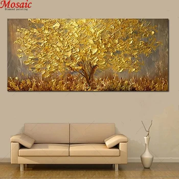 Большая мастихиновая роспись золотым деревом, Полная квадратная алмазная вышивка, Мозаичный декор стен из горного хрусталя
