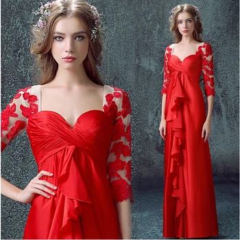 Вечерние платья vestidos, новинка, горячее сексуальное красное длинное Вечернее платье, выпускные платья 2023 года, оборки, кружевные аппликации на пуговицах, рукава три четверти