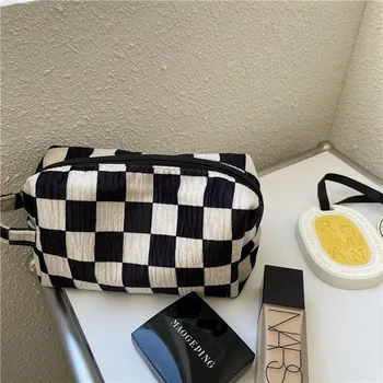 Винтажная косметичка для шахматной доски, милая простая сумка для ручек из коровьей кожи, сумка для хранения косметических канцелярских принадлежностей, переносная сумка для стирки