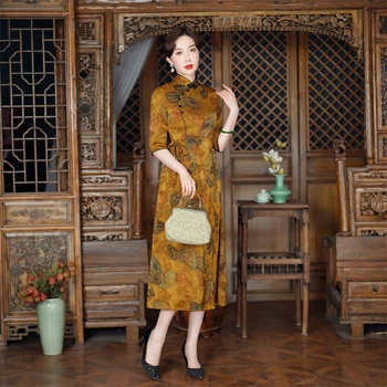 Винтажное Платье трапециевидной формы С воротником-стойкой Cheongsam В Китайском Стиле, Традиционное Женское Элегантное Qipao Vestidos