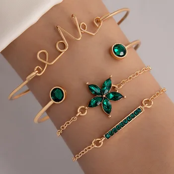 Винтажный набор браслетов с цветком бабочки и зеленым кристаллом из 4шт зеленого хрусталя для женщин, золотая цепочка, браслет-манжета, модные женские украшения