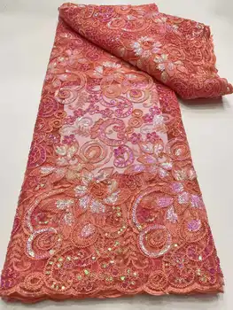 Горячая распродажа, африканская кружевная ткань с персиковыми блестками 2023, высококачественная нигерийская кружевная ткань из французского тюля, сетчатый материал для свадебного шитья