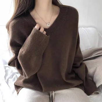 Женский пуловер-свитер с V-образным вырезом, осенне-зимняя корейская свободная верхняя одежда, универсальный однотонный пуловер, нижний женский топ