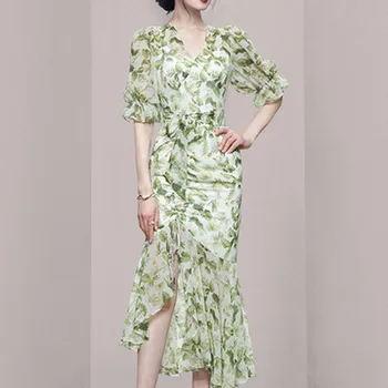 Женское элегантное Шифоновое платье-Русалка с V-образным вырезом и рюшами, летнее платье с цветочным принтом 2022, Тонкие абстрактные вечерние платья Vestidos