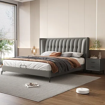 Итальянская минималистичная кожаная кровать, главная спальня, кровать из воловьей кожи верхнего слоя, двуспальная кожаная художественная кровать 1,8 м, спальня, высококачественная мягкая кожа