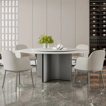 Итальянский минималистичный глянцевый круглый стол с поворотным столом, комбинация обеденного стола и стула для домашнего использования