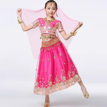 Комплект танцевальных костюмов для девочек и детей из Болливуда, танец живота, Индийское сари, шифоновый наряд, топ на Хэллоуин, пояс, юбка, комплект танцевальной одежды