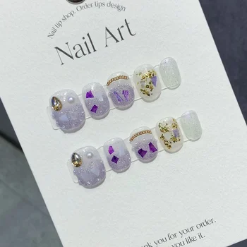 Короткие корейские печати ручной работы на акриловых ногтях, Многоразовый клей, накладные ногти с блестящим дизайном, искусственные ногти, типсы для ногтей.