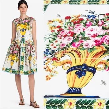 Летнее платье с принтом в виде вазы с розами Dg, четырехсторонняя эластичная ткань, ткань для одежды с цветочным принтом, изготовленная вручную вручную