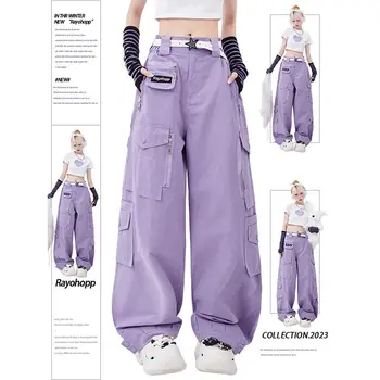 Летний женский ретро фиолетовый комбинезон с высокой талией, широкие джинсы, свободная повседневная мода, уличный стиль в стиле хип-хоп для мам с несколькими карманами