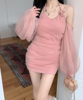 Милое Розовое Женское платье с рукавом-фонариком, облегающее платье с открытыми плечами, Женское сексуальное облегающее Мини-клубное платье, Женское праздничное платье Y2k в Корейском стиле с цветочным рисунком.