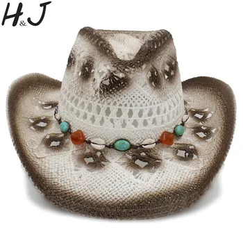 Модная женская ковбойская шляпа в западном стиле с богемной лентой из ракушек Ручной работы, Пляжное солнцезащитное сомбреро, ковбойская шляпа, Размер 58 см A0110