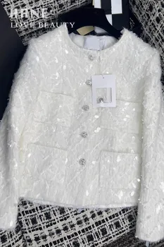 Модная женская Роскошная белая укороченная куртка с пайетками ручной работы с длинным рукавом, Элегантное женское короткое пальто с бриллиантовыми пуговицами, универсальное изделие.
