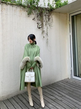 Модные Длинные пальто из натуральной шерсти в корейском и японском стиле с воротником из натурального меха рыжей лисы, тренч S210