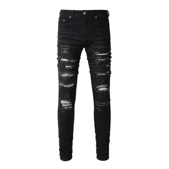 Мужские Плиссированные байкерские джинсы с нашивками Уличная одежда Узкие Зауженные Стрейчевые джинсовые брюки Рваные Лоскутные Черные брюки