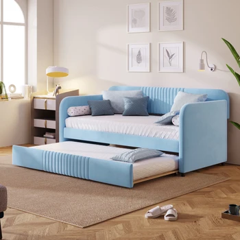 Мягкая кушетка Диван-кровать Twin Size с выдвижной кроватью и деревянной рейкой, светло-голубой