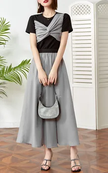 Новая женская одежда на весну и лето 2023, модный простой топ с подкладкой на груди и комплект с платьем средней длины 0430