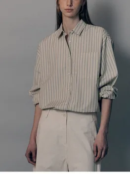 Новая женская рубашка из 100% хлопка, повседневная полосатая женская блузка с карманами и длинными рукавами 2023, Весенне-летние Свободные офисные женские топы