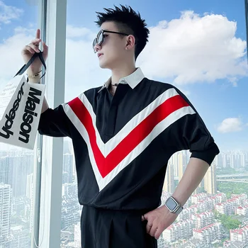 Новая мужская повседневная корейская версия модного пэчворка В рукаве, красивая тонкая рубашка с цветочным рисунком с пятью точками