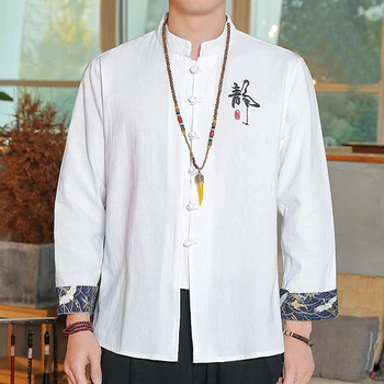Новый костюм Тан в китайском стиле со стоячим воротником, льняная рубашка с короткими рукавами, мужская летняя тонкая рубашка с вышивкой в китайском стиле, пальто