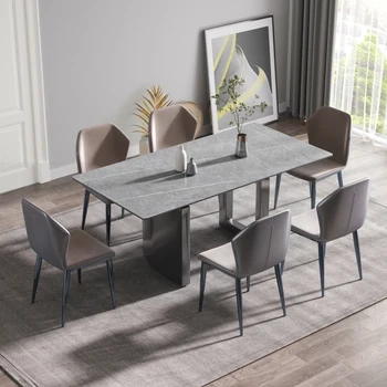 обеденный стол из современного искусственного камня серого цвета с прямым краем и черной металлической ножкой 70,87 дюйма-рассчитан на 6-8 человек