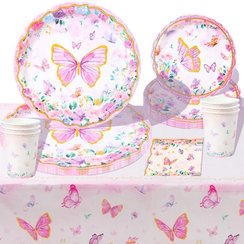 Одноразовая посуда для вечеринки с розовой бабочкой, украшение для свадьбы, Дня рождения, детский душ, для девочки, бумажная тарелка, декор для пакетиков конфет
