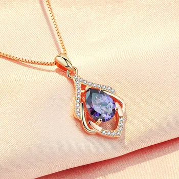 Ожерелье женское из стерлингового серебра S925 Пробы, розовое золото, покрытая цепочка для ключиц, Элегантный кулон с фиолетовым цирконом, Интернет-мода знаменитостей