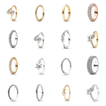 Оригинальные моменты Золотое Двойное Сердечко, Однорядное Двухрядное кольцо для женщин, свадебный подарок из серебра 925 пробы, модные украшения