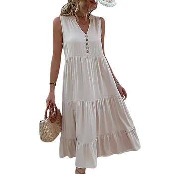 Повседневное летнее платье Миди, женское платье на бретелях без рукавов, V-образный вырез, пуговицы, свободные платья с рюшами, модный пляжный сарафан Soild