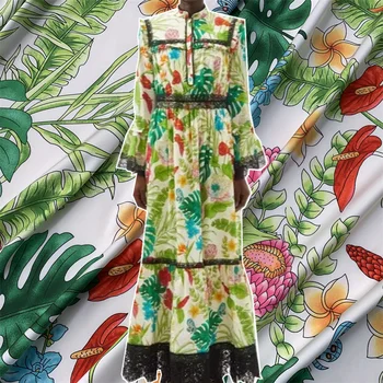 Роскошный бренд с имитацией шелкового атласа с зелеными листьями сафлора Цифровая печать высококачественная ткань для пошива Дизайнерская ткань 