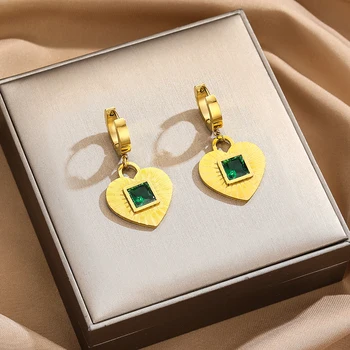 Серьги-сердечки с зеленым кристаллом из нержавеющей стали, женские модные украшения